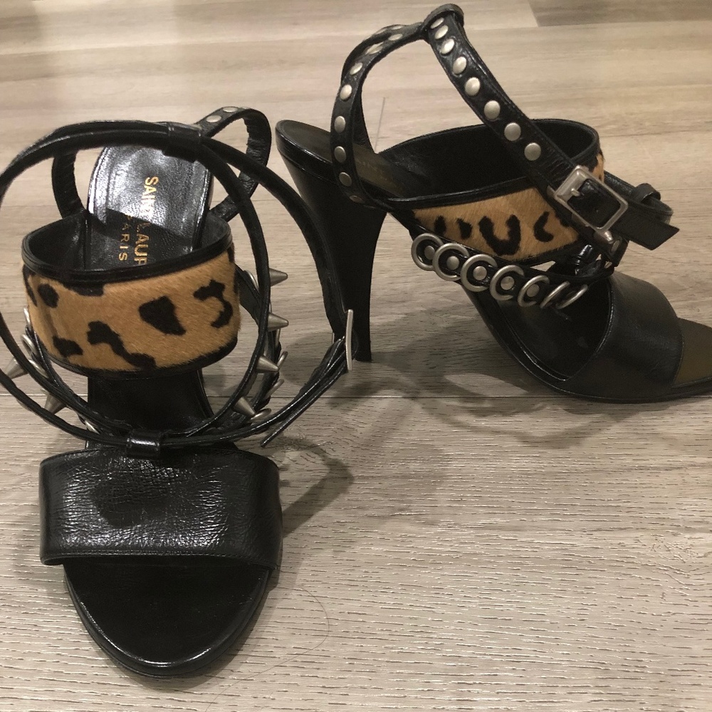 Saint Laurent Animal Print Studded Heels. Size 36.5